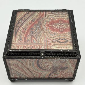 Vintage Jewelry Box Paisley Printed Glass Metal Footed Trinket Keepsake Holder